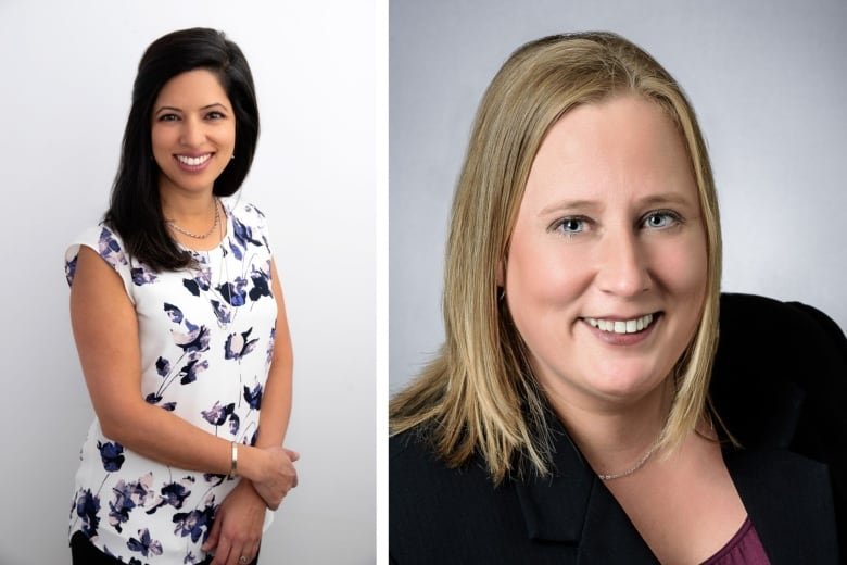 There are two photos. On the left is a woman wearing a white blouse with purple flowers and on the right is a headshot photo of a woman wearing a black blazer.