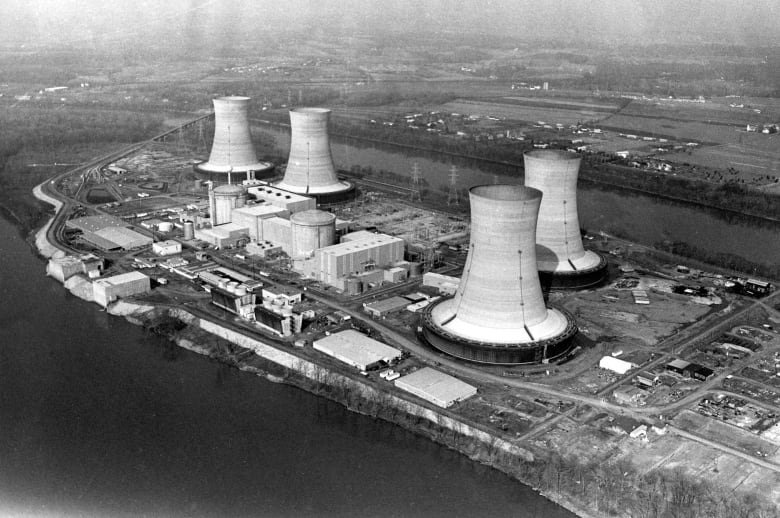 A black and white file photo of a nuclear power plant.