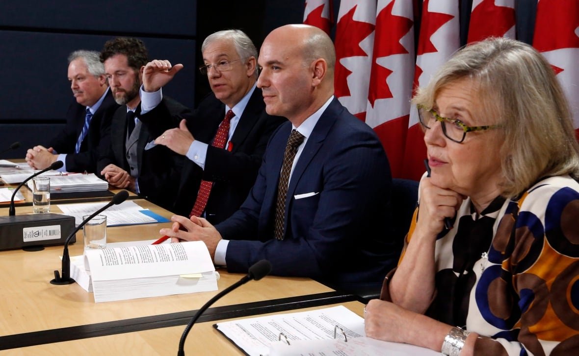 electoral-reform-20161201 A group of people sit at a press conference table in front of a row of Canadian flags.