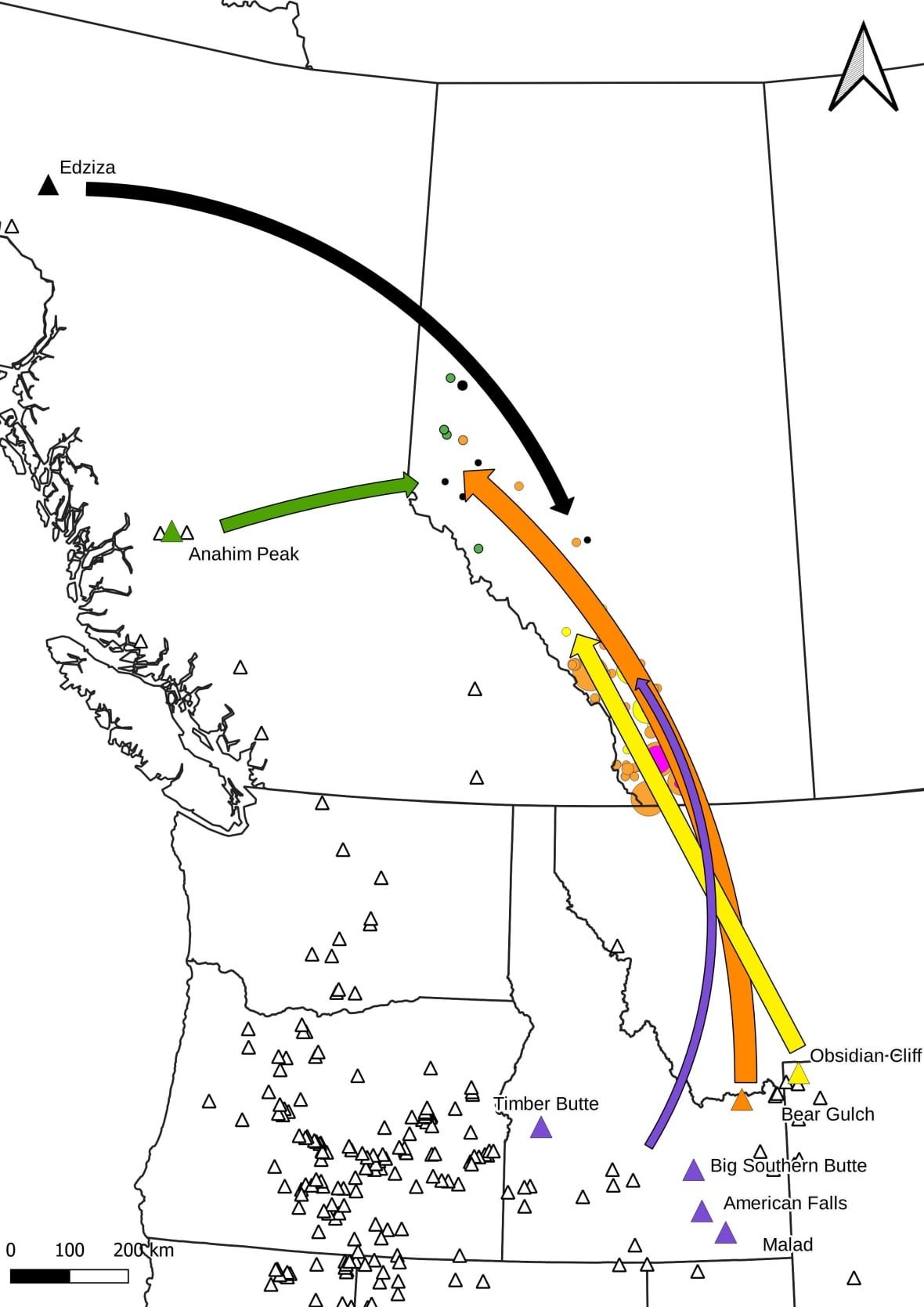 obsidian-research-graphic A graphic demonstrating the extend of the obsidian trade in the eastern slopes. The arrows track the specimens from their sources into regions across Alberta.