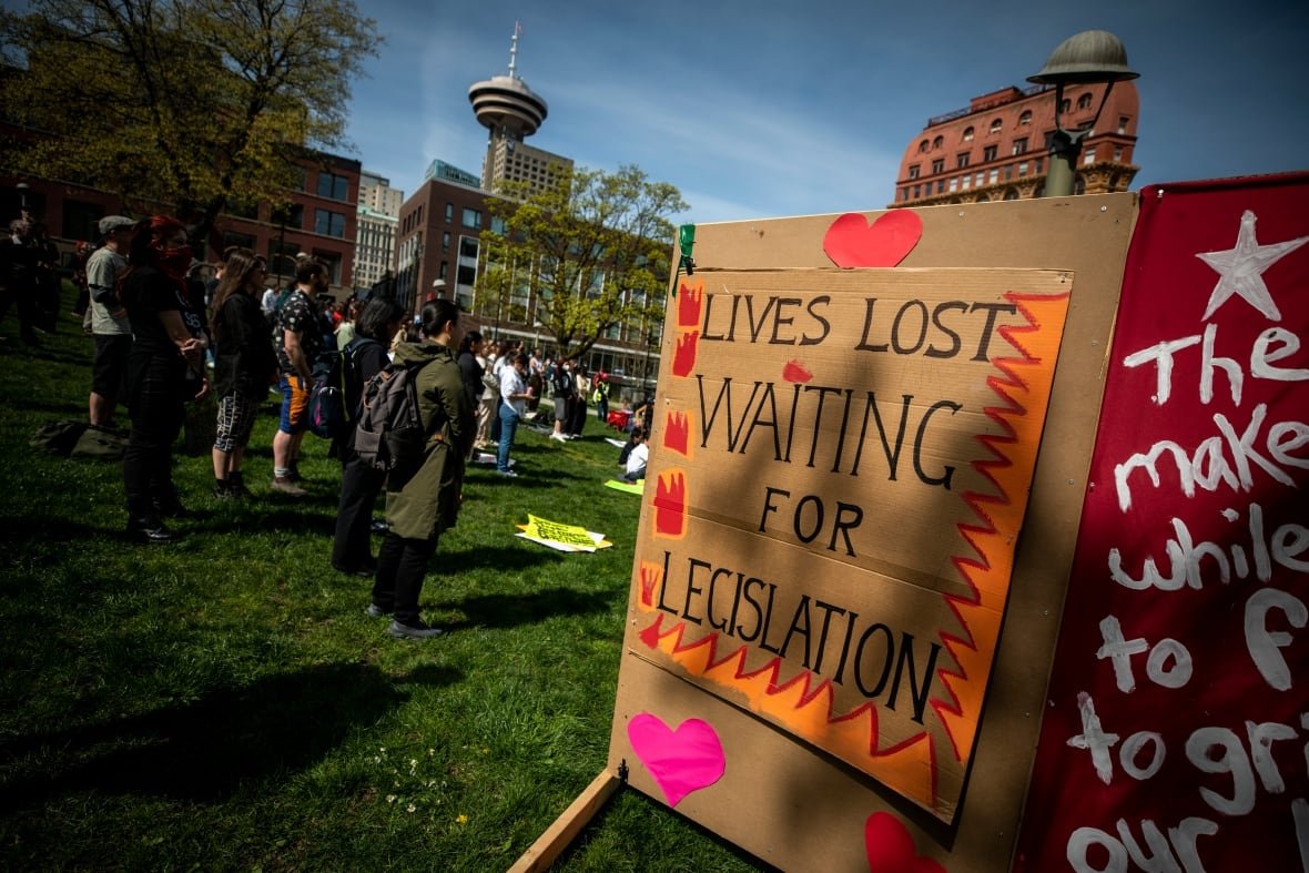9th-anniversary-drug-crisis-2 Signs on display during a rally on a lawn with the city skyline in the background.