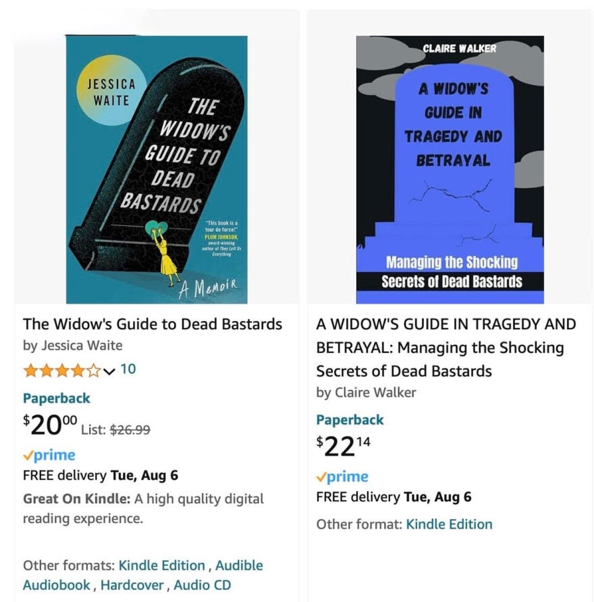 ai-books-jessica-waite Amazon search results, two books with gravestone cover