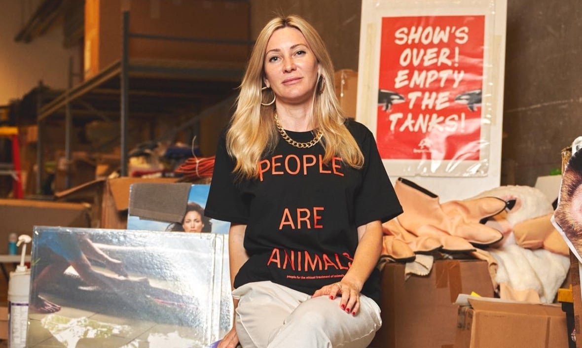 ashley-byrne-peta A woman wears a t-shirt that says People Are Animals.