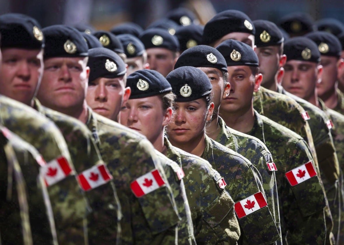 Male and female members of the Canadian Armed Forces march in a lineup wearing green CADPAT uniforms and black berets.
