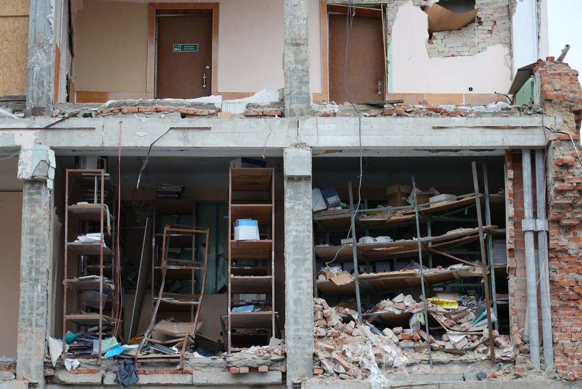 damaged-buildings-in-city-of-sumy-ukraine The wreckage of a building in the city of Sumy, in northeastern Ukraine, that was damaged by fighting since the Russian invasion in 2022.