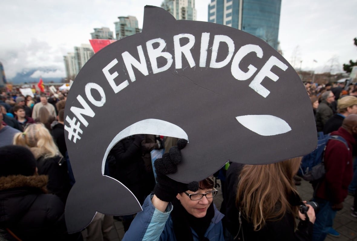 enbridge-pipeline-protest-20131116 A protester holds up a sign shaped like a whale that says #NoEnbridge.