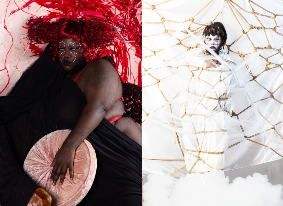 envytheclown-1 A split image of on the left a scantily clad Black person covered with a blanket and wearing a red wig. On the right, a Black person in a white dress surrounded by ropes on a white background.