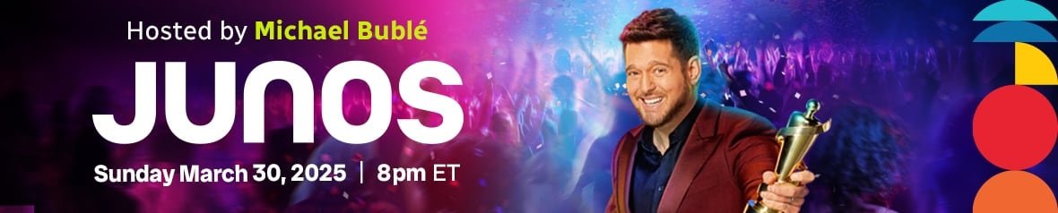 junos-2025-boilerplate-1 A graphic that reads: Hosted by Michael Bublé, JUNOS, Sunday March 20, 2025 at 8pm. There's an image of Bublé to the right, wearing a burgundy suit and holding a Juno.