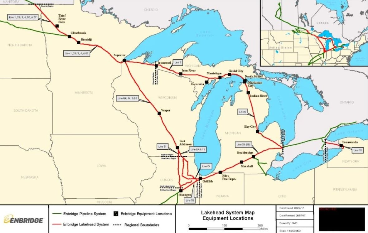 line-5-78-map Line 5 runs from Superior, WI to Sarnia, ON. Line 78 runs from Griffith, IN to Sarnia. Together they carry about a million barrels of oil a day.