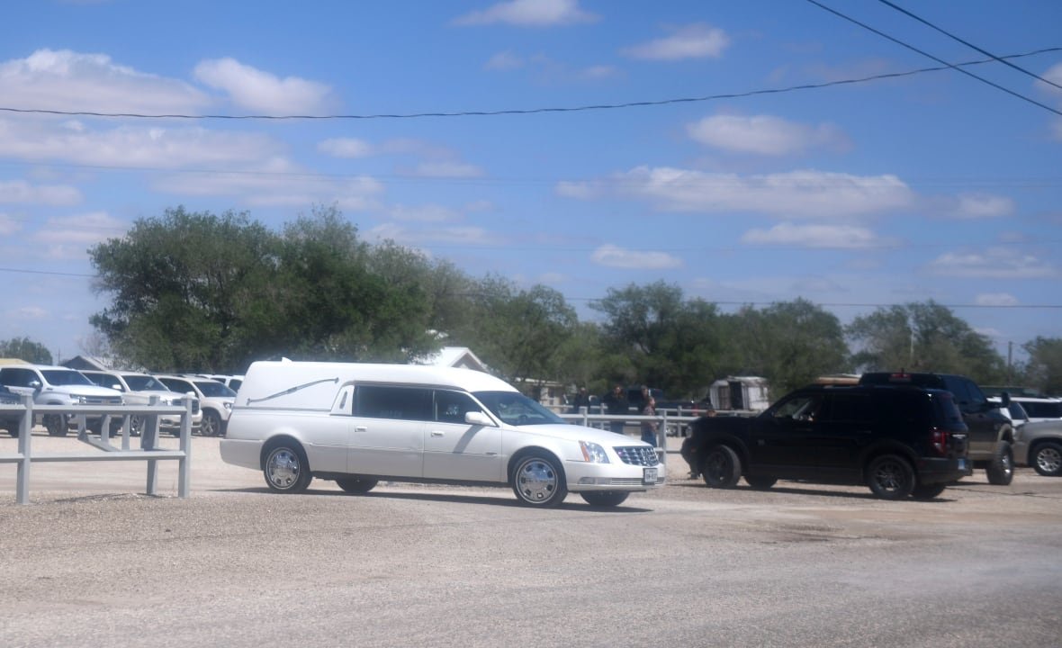 Funeral cars, also known as hearses, at the funeral held for the second measles death in Texas on April 6, 2025.