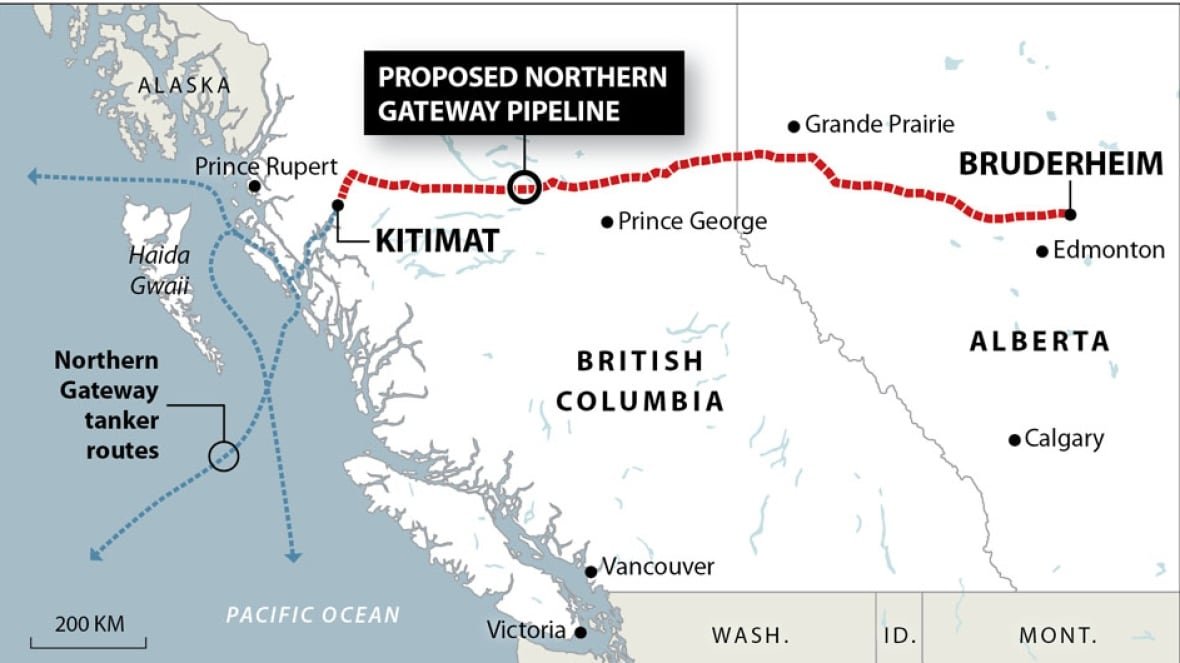 northern-gateway-pipeline A map showing a proposed pipeline, travelling from Bruderheim near Edmonton to Kitimat in northwest B.C.
