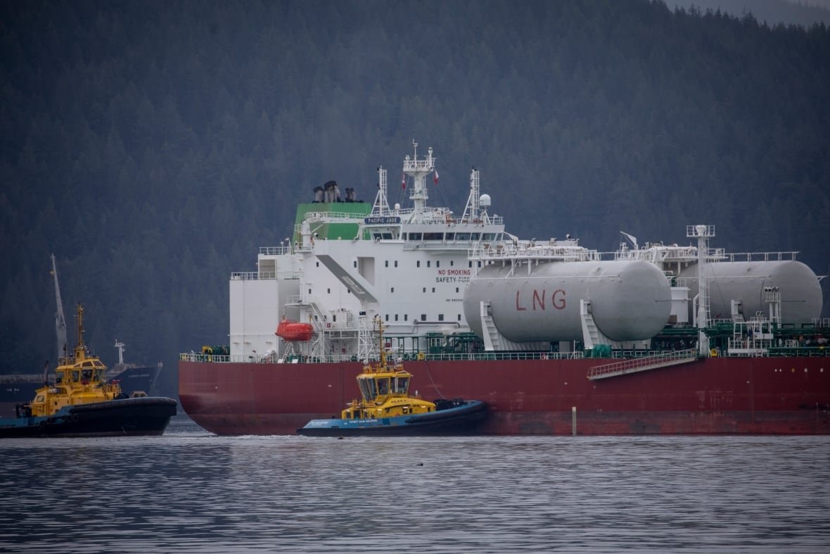 pipeline-trans-mountain An oil tanker and tugboats are seen in the ocean.