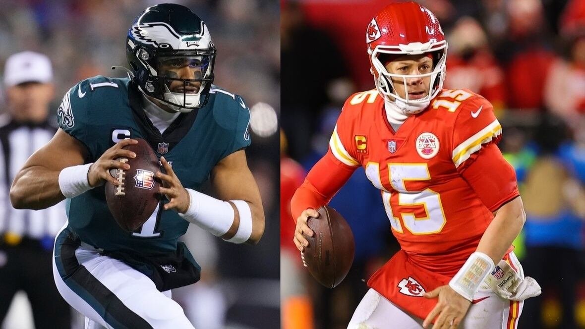 hurts-mahomes-composite A composite image showing two male football quarterbacks side by side as they prepare to throw a ball during a game.