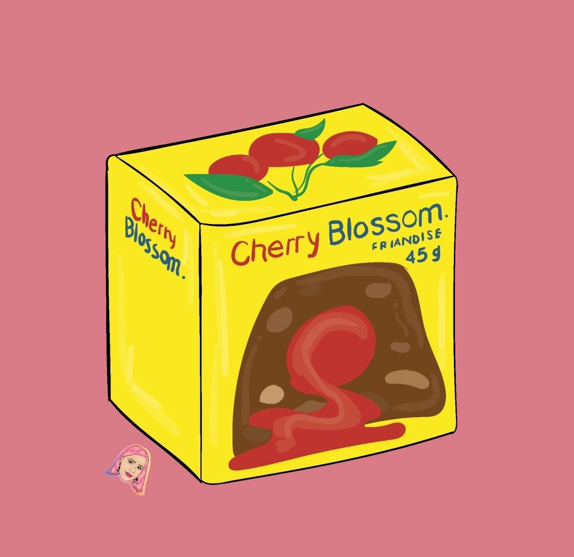 kate-fudge-2 An illustration of a small yellow box of a chocolate candy, with a pink background.