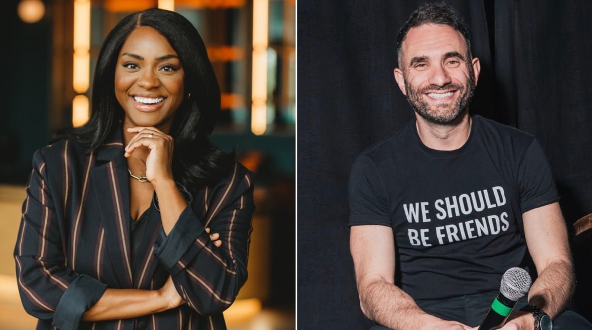 making-new-friends-as-adults A composite of two portraits: a smiling woman in a striped blazer at left and a smiling man in a t-shirt with the phrase 'We should be friends' holds a microphone at right.