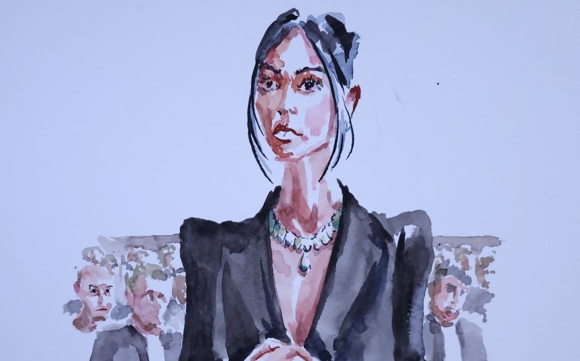 people-kim-kardashian A drawing shows a woman with her hands folded in front of her, with her hair up. She is wearing a black top with a large necklace. A crowd of seated people are visible behind her.