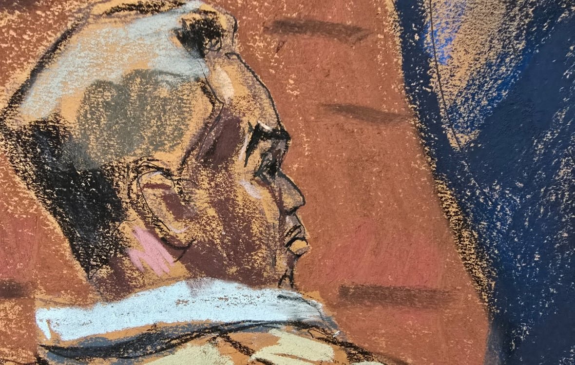 people-sean-combs-6 A drawing shows a man's head, seen from behind and slightly to the right of him.