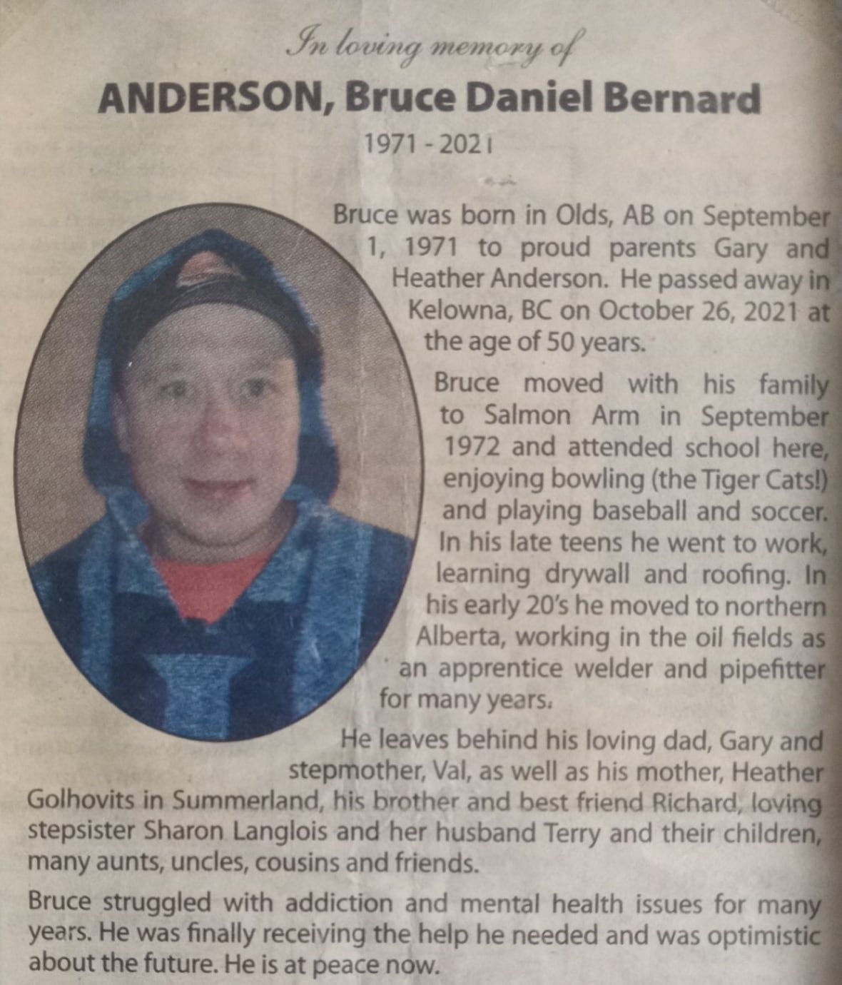 richard-anderson-first-person-obituary A newspaper clipping of an obituary for Bruce Daniel Bernard Anderson.Â
