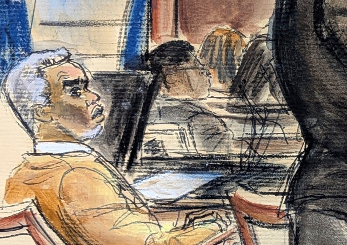 sexual-misconduct-diddy-6 A courtroom sketch depicts a person sitting in court.