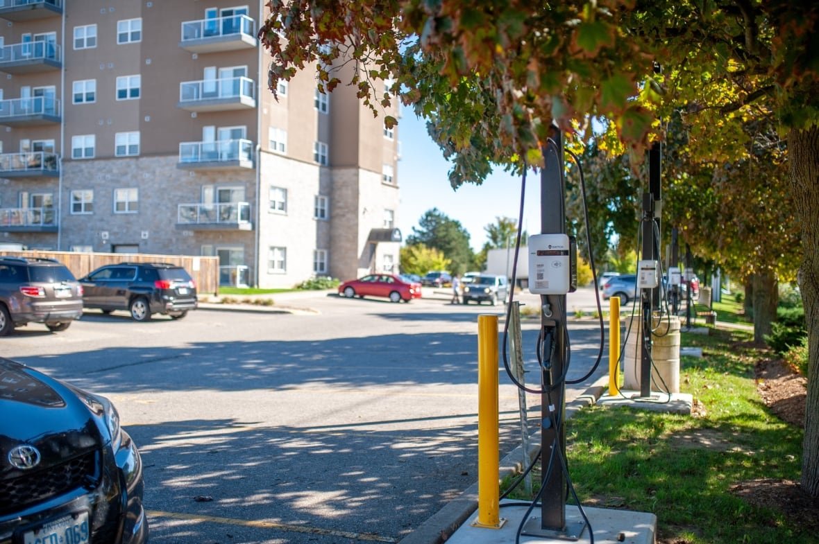 swtch-chargers Row of EV chargers outside a highrise building