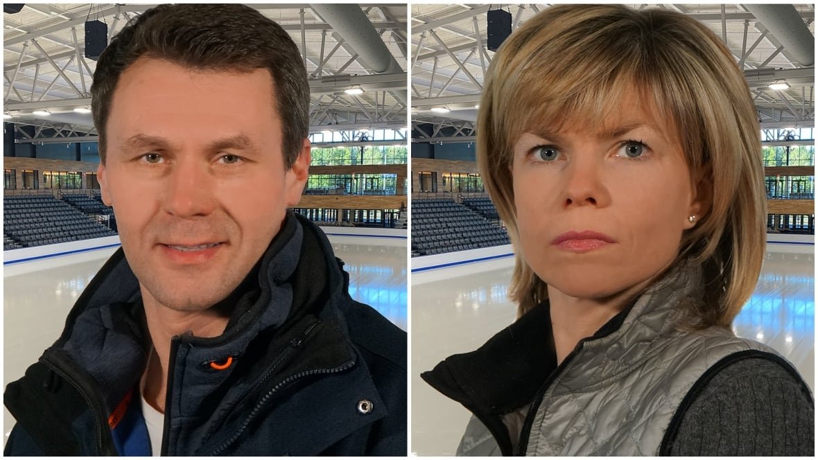 vadim-naumov-left-and-evgenia-shishkova-composite-1 Headshots of Vadim Naumov, left and Evgenia Shishkova, with a rink behind them.
