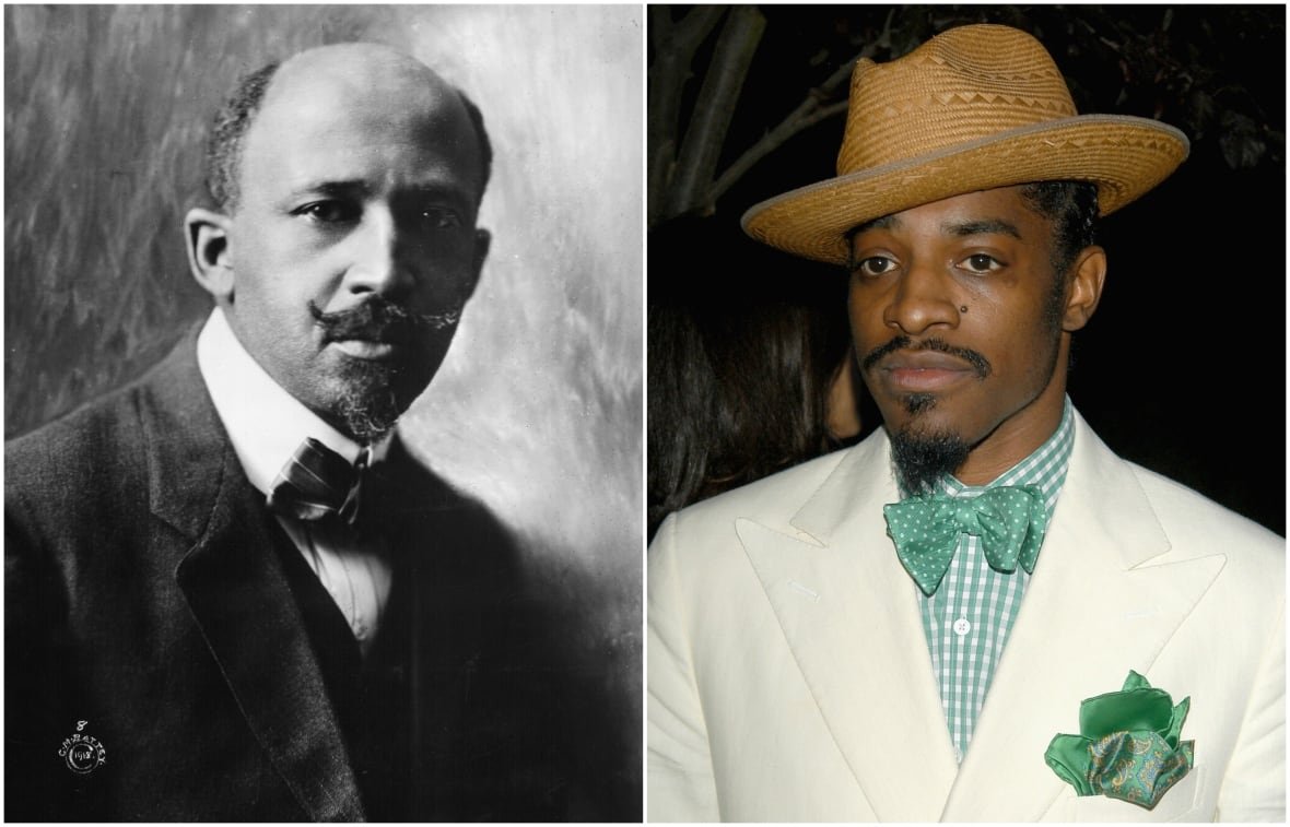 web-du-bois-andre-3000 A composite image shows a black and white image of a balding Black man with van dyke facial hair wearing a suit and bow tie on the left, and a Black man with van dyke facial hair wearing a straw fedora and a white suit jacket over a green-checked shirt with a green bow tie and a green silk pocket square.