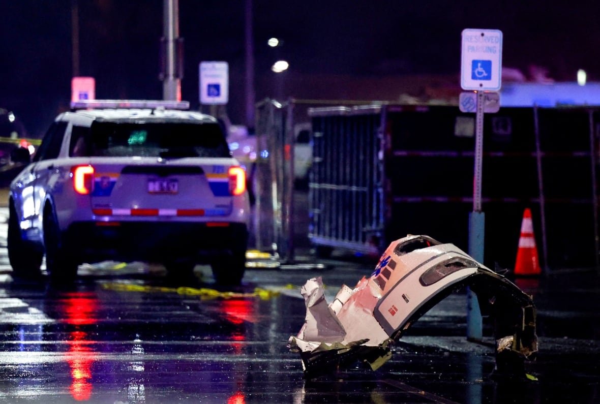 A piece of aircraft sits on the ground in Philadelphia.