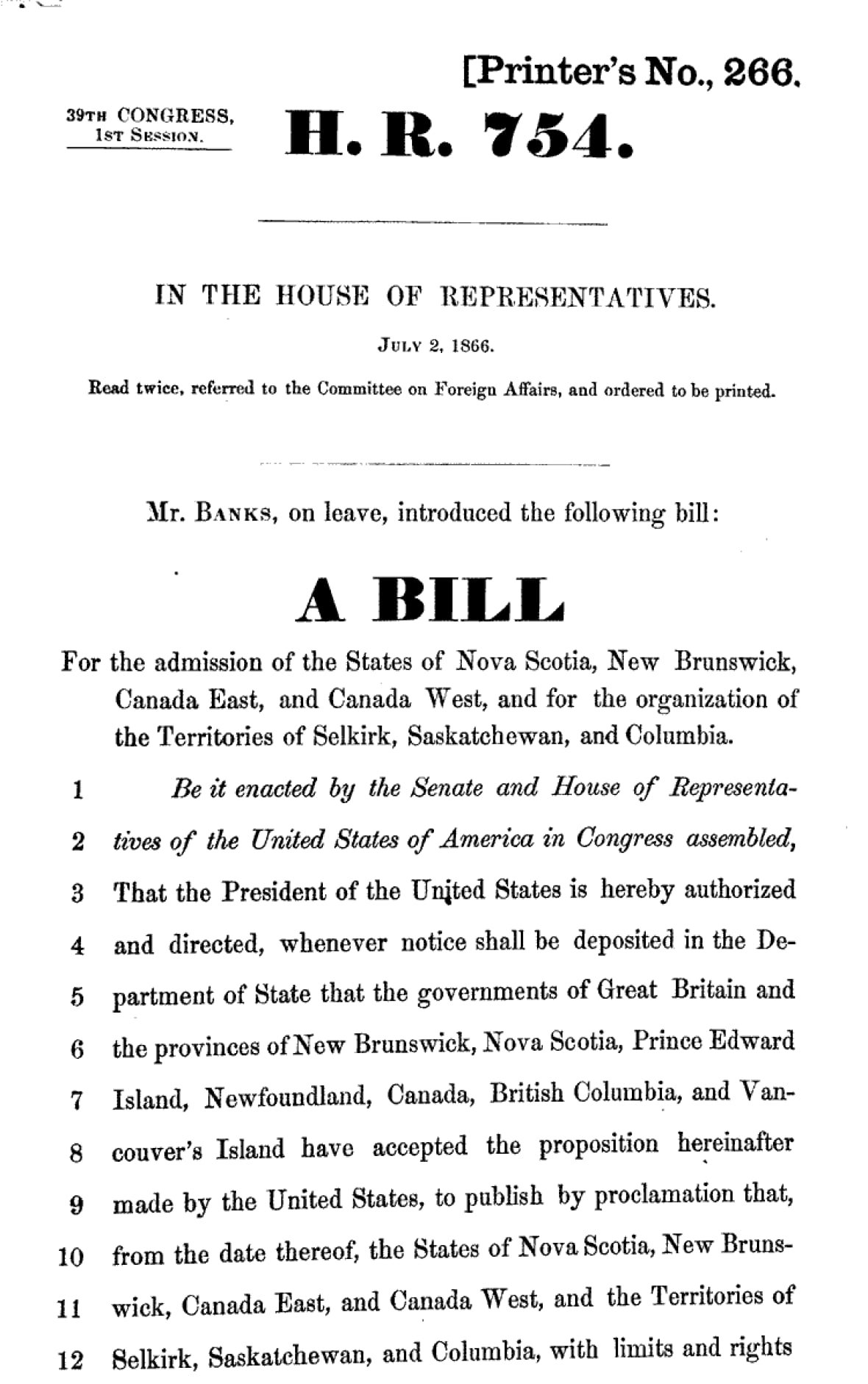 Annexation Bill introduced in the House of Representatives in 1866.