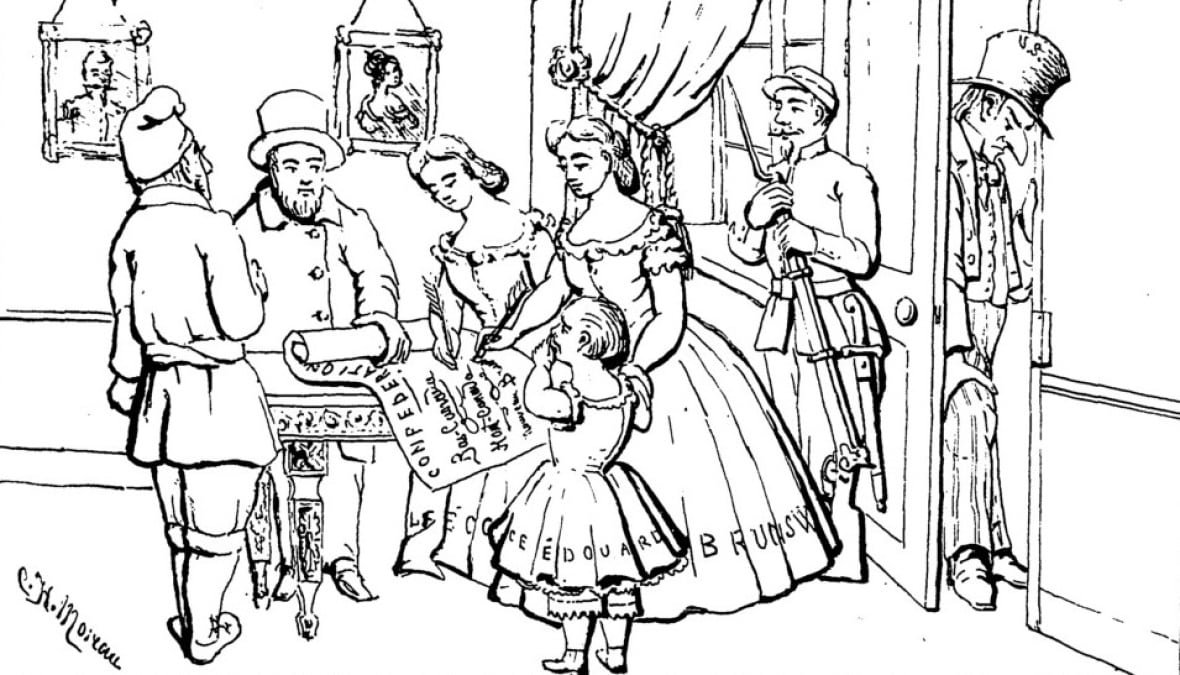 A black and white cartoon of a group of people.