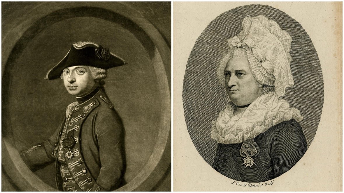 chevalier-d-eon Two images show black and white prints or illustrations of the same figure. The first is a drawing of a male figure in a soldier's uniform. The second shows a middle-aged woman in a frilly collar and hairpiece.