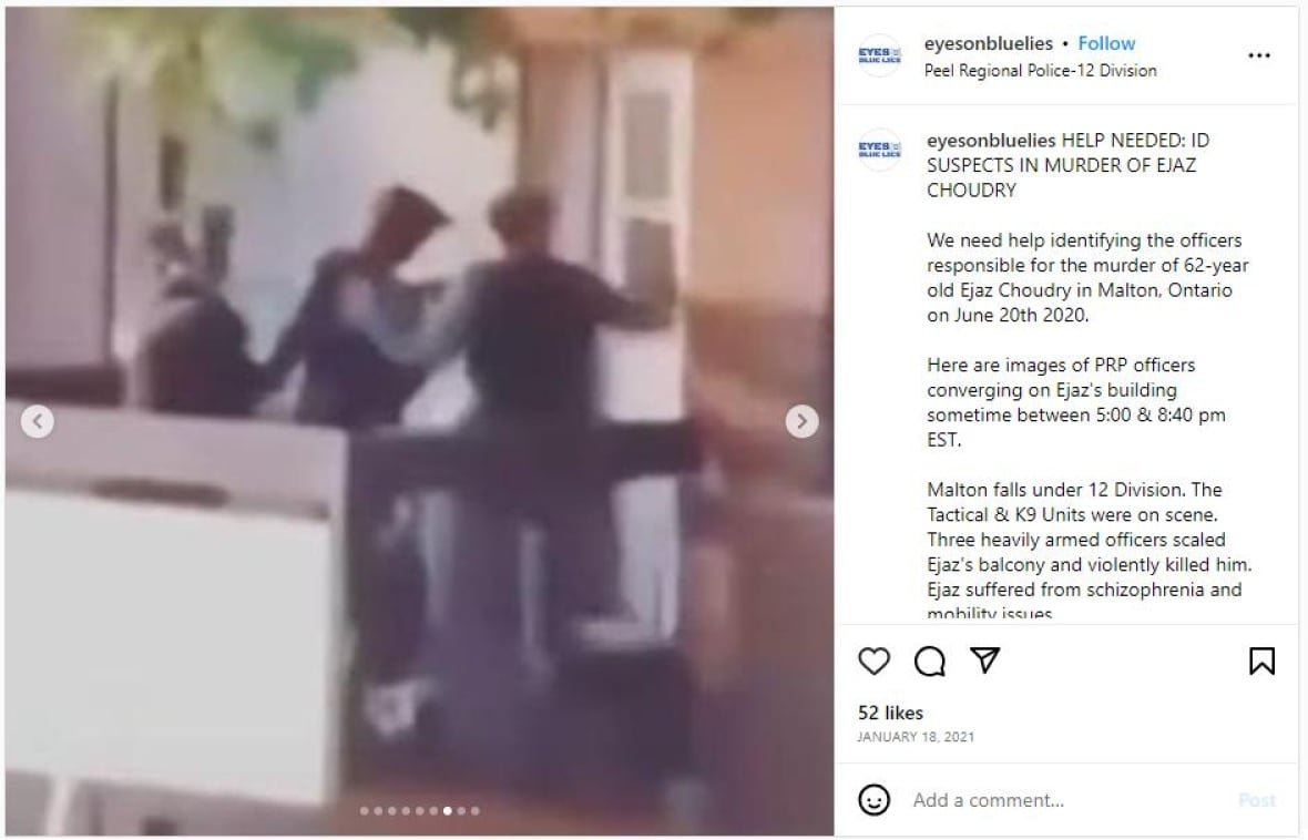 choudry-eyes-on-blue-lies Peel Regional Police cite this Instagram post in their motion arguing that the officers involved in Choudry's death not be publicly identified. The post calls for help identifying the 'suspects in the murder of Ejaz Choudry.'