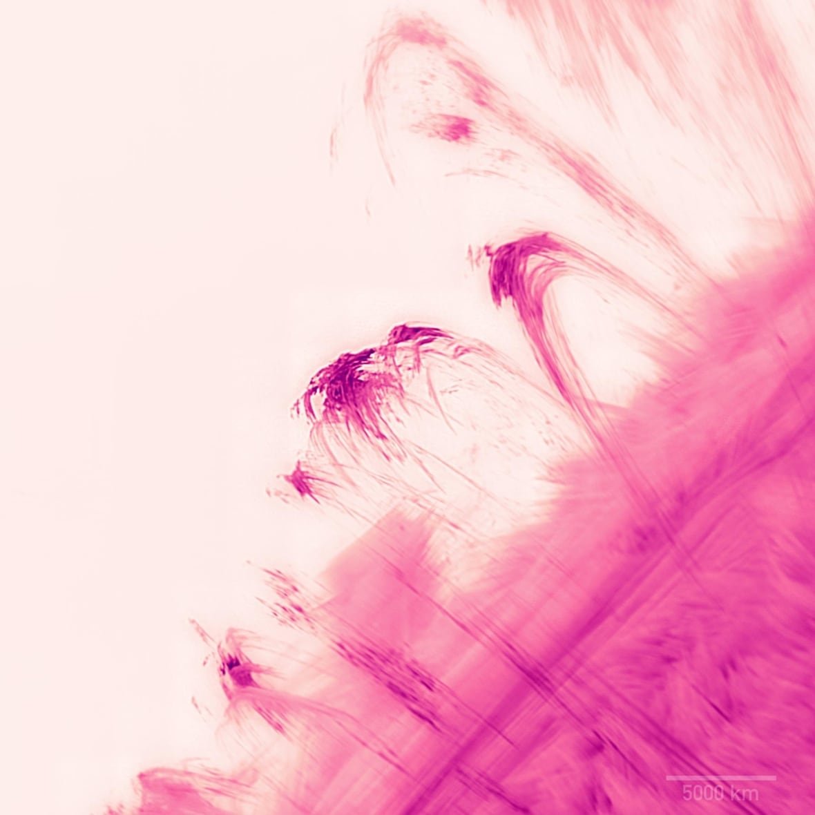 coronal-rain A pink fuzzy surface can be seen at the right with wisps jutting out.