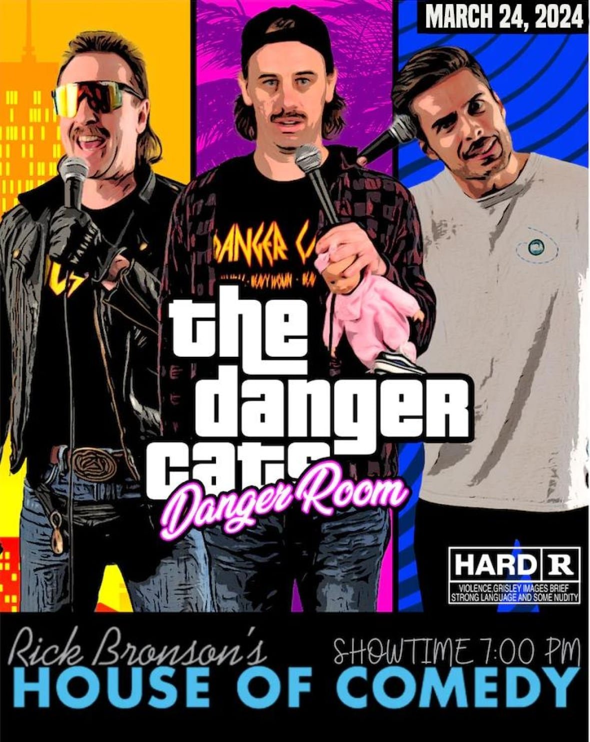 danger-cats-poster A poster shows three men standing side by side.