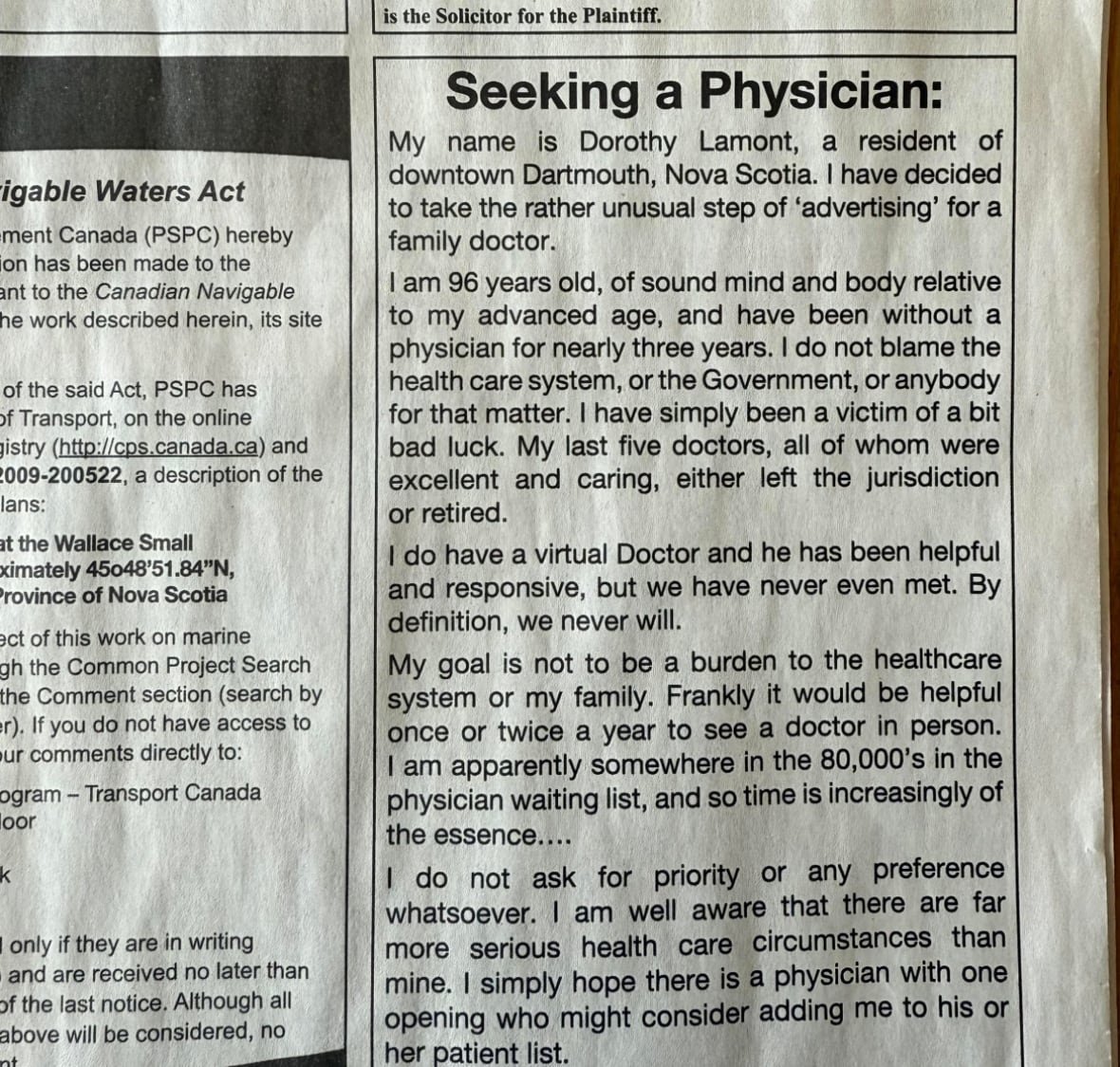 dorothy-lamont-ad A newspaper ad titled 'Seeking a Physician' is shown