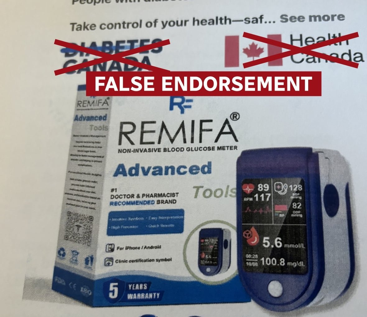 false-endorsement-label-on-diabetes-product An ad for a blood glucose monitor advertisement with logos of Diabetes Canada and words Health Canada crossed out and replaced with False Endorsement.