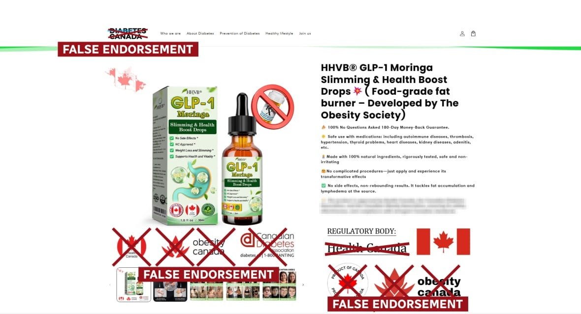 false-endorsements-diabetes-canada-says Ads for products that use logos of various health groups in Canada. The logos are crossed out with a red x and feature banners reading False Endorsement.