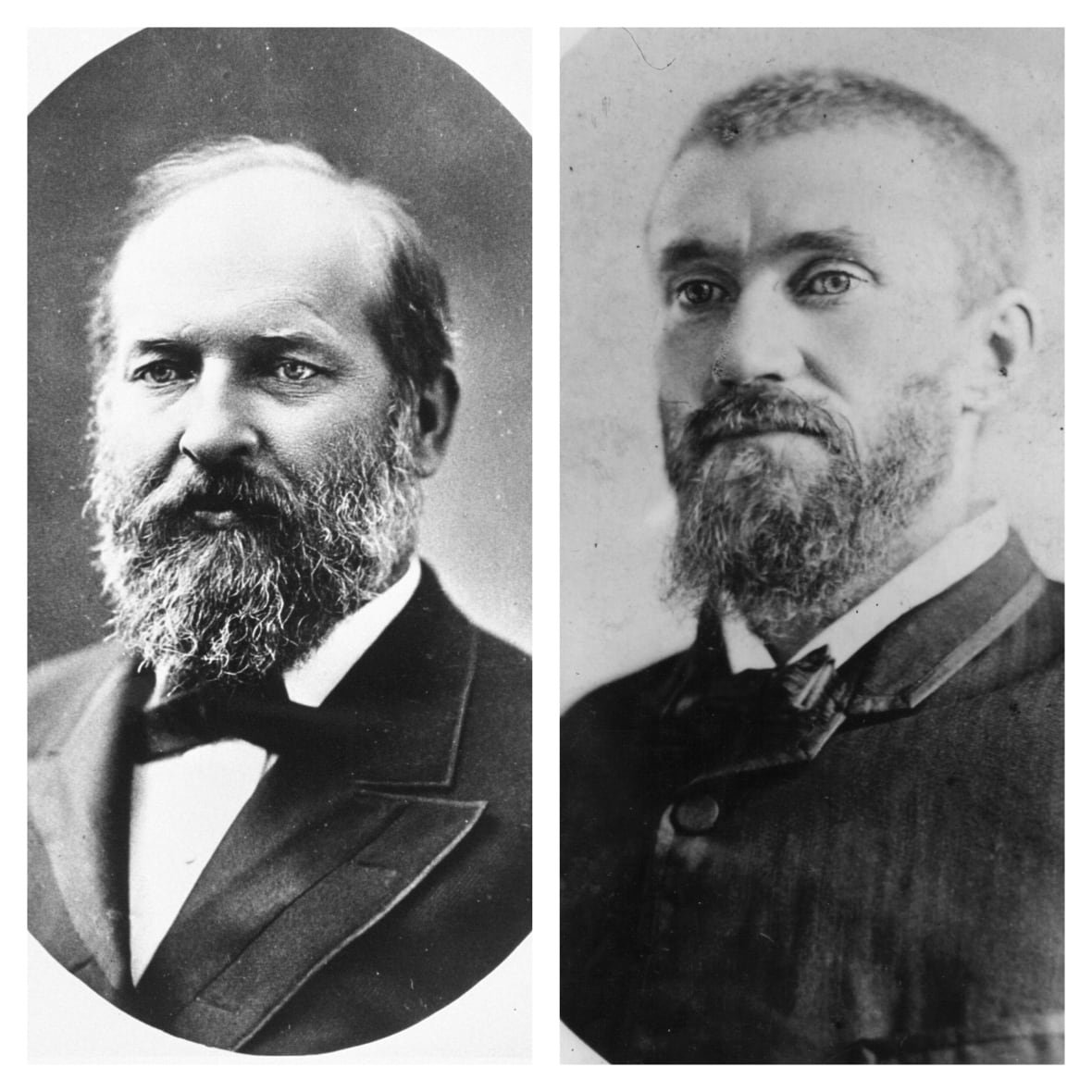 garfield-guiteau Two bearded men are shown in black and white illustrations, from over a century ago.