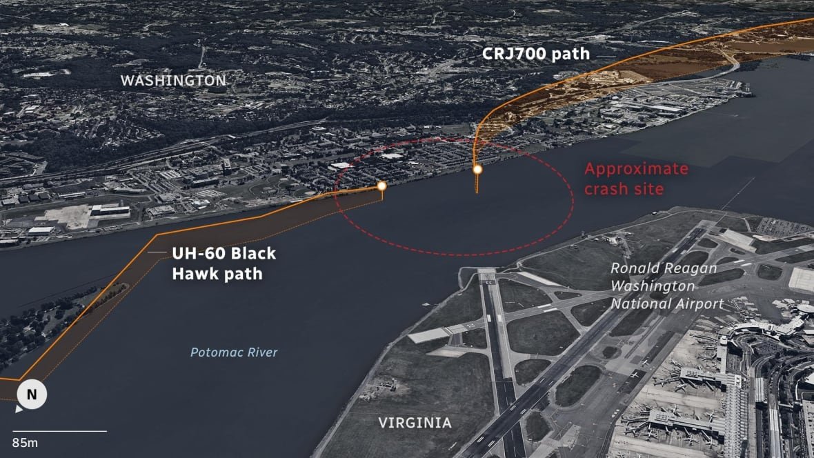 A map showing points on a map in Washington, D.C., including the Potomac River, the Ronald Reagan Airport and other landmarks