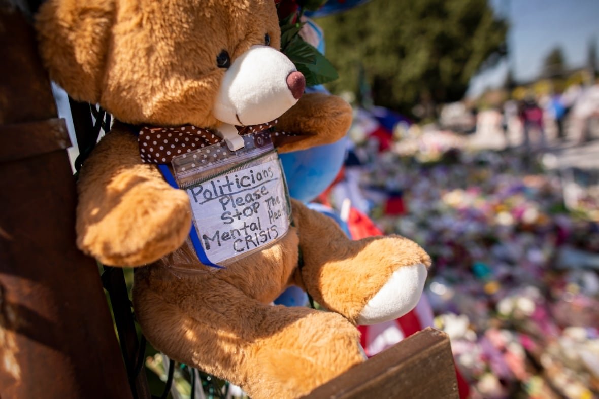 lapu-lapu A teddy bear with a sign that reads, 'Politicians, please stop the mental health crisis' with piles of flowers out of focus in the background.