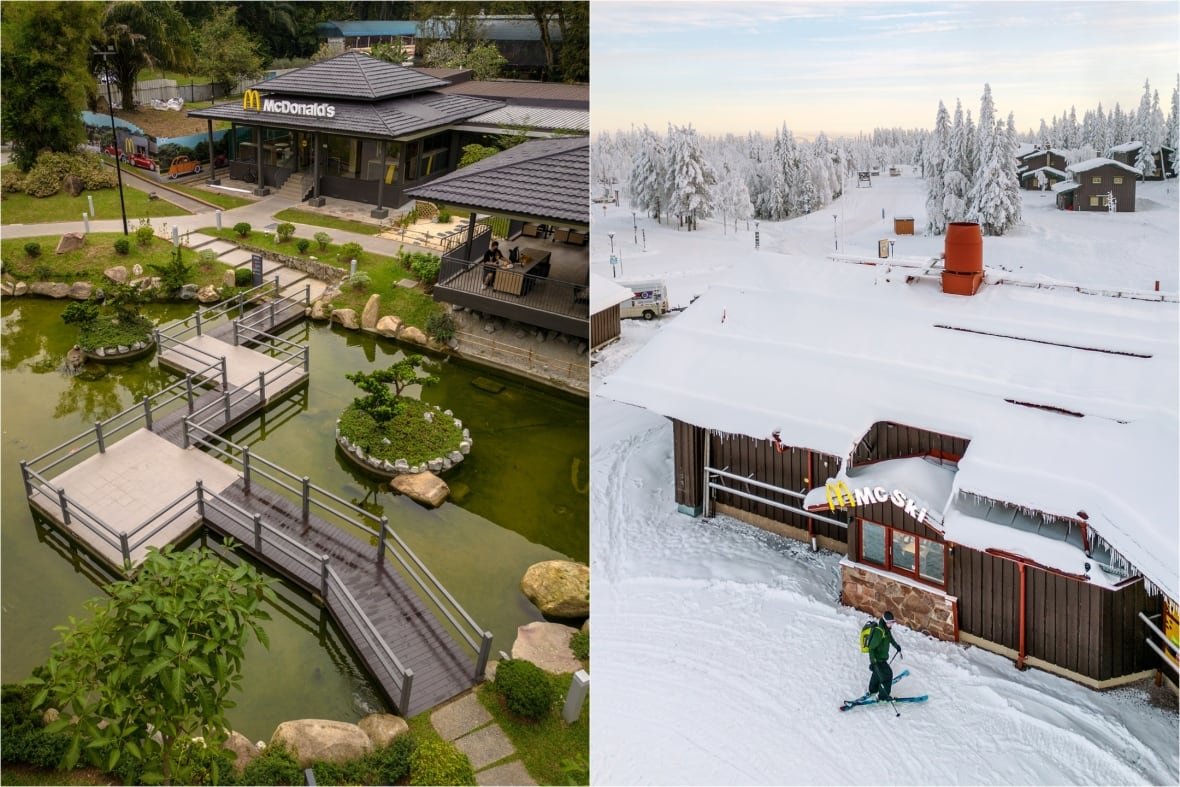 Two images side by side. On the left, a McDonald's next to a serene, Japanese-style garden with a walkway crossing over a small, manicured pond dotted with small islands and big rocks. On the right, a man skis up to the window of a snow-covered McDonald's with a sign that says "McSki."