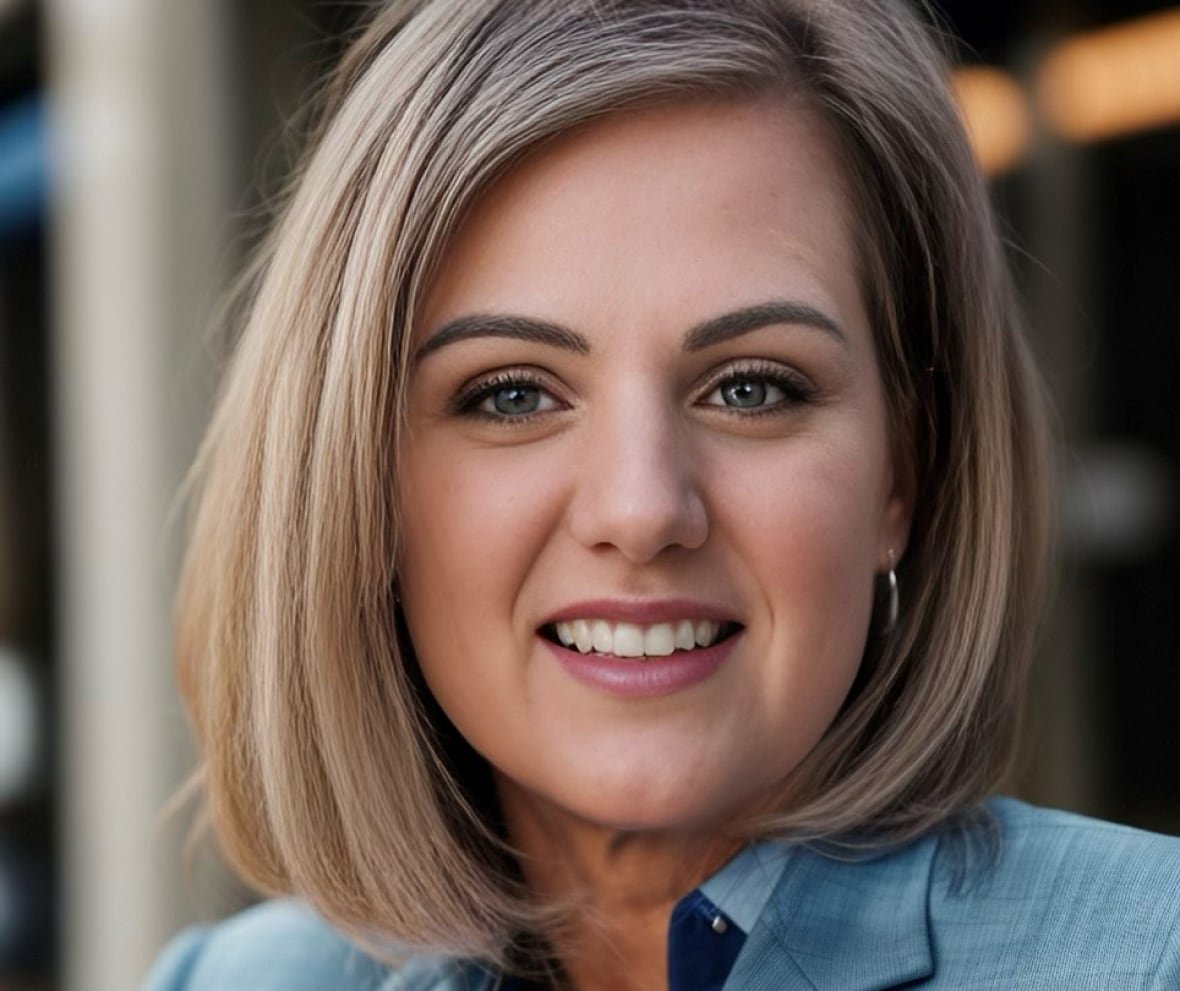 melanie-fraser Smiling blonde woman in blue business suit.