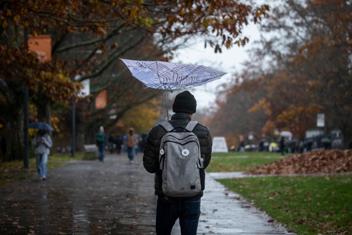 rain A person wearing a backpack and walking outdoors in the rain holds up an umbrella that has been flipped inside out.