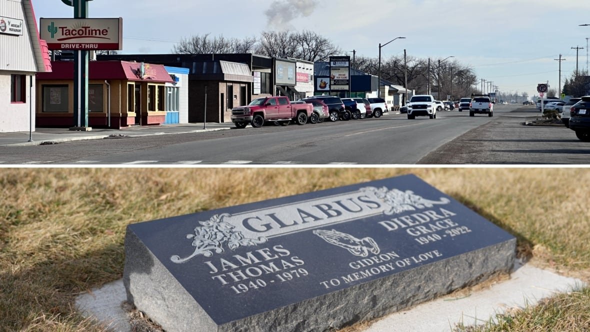 taber-glabus A shot of small town main street and below, a picture of a gravestone.