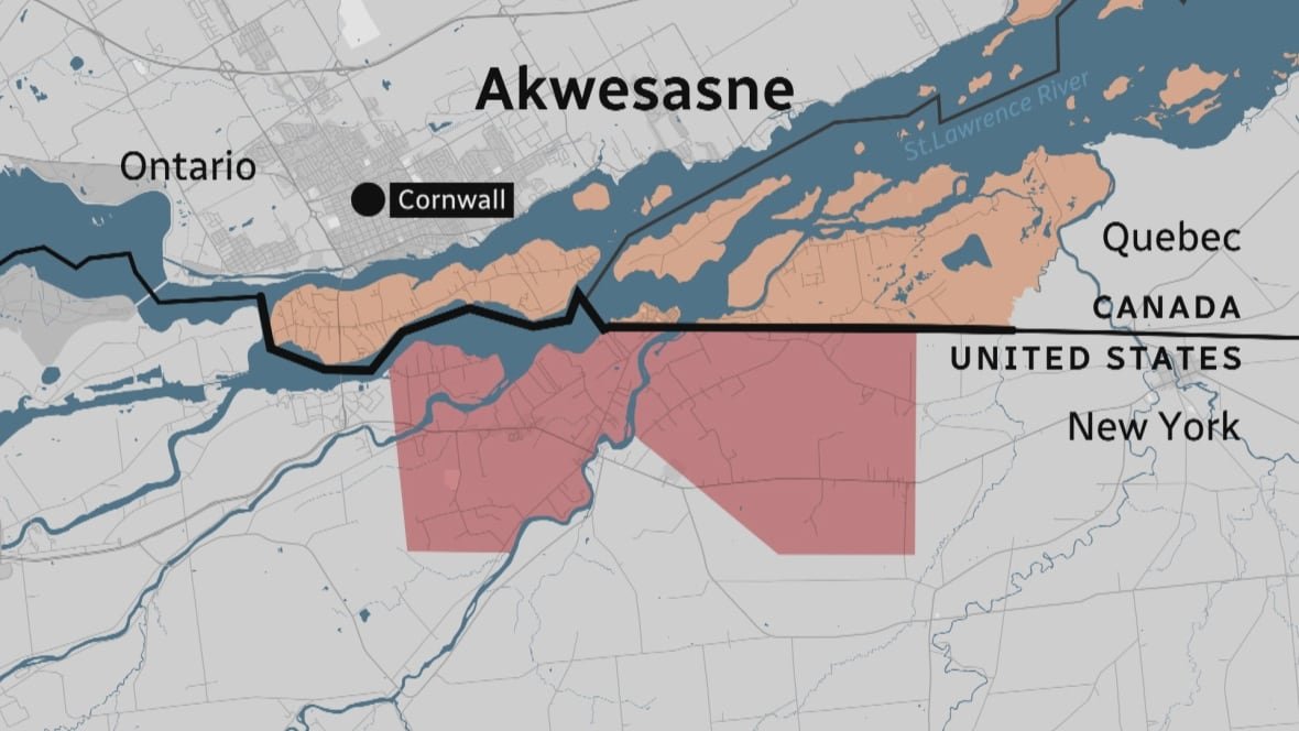 akwesasne-map A map shows how the Akwesasne territory is divided by the St. Lawrence River and the Canada-U.S. border.