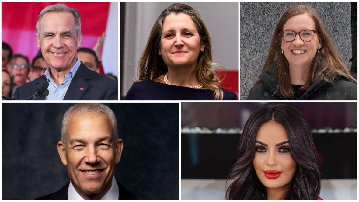 collage-5-liberal-leadership-candidates Headshots of Mark Carney, Chrystia Freeland, Karina Gould, Frank Baylis and Ruby Dhalla