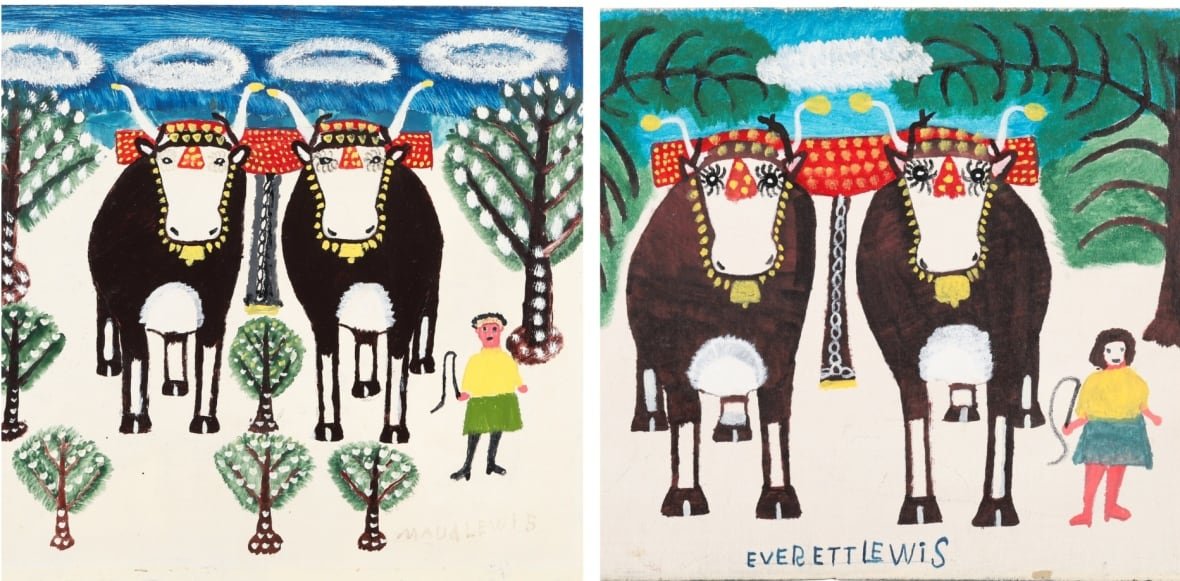 everett-lewis-artwork-maud-lewis A side-by-side photo shows two similar paintings.