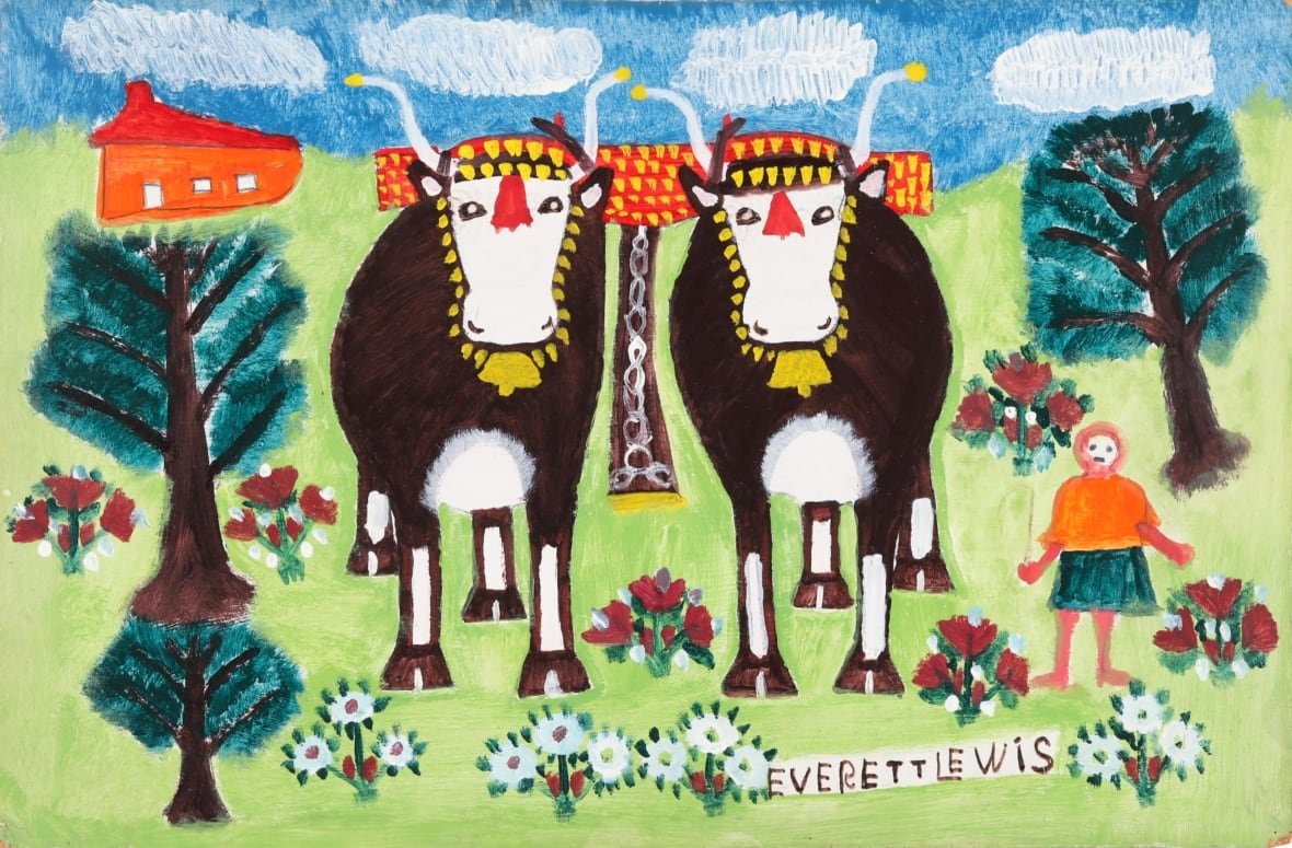 everett-lewis-artwork A painting shows two oxen and a woman.