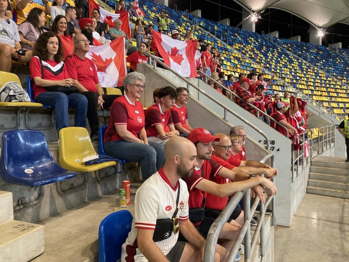 canada-romania-jones-2 A group of fans sit in the stands.