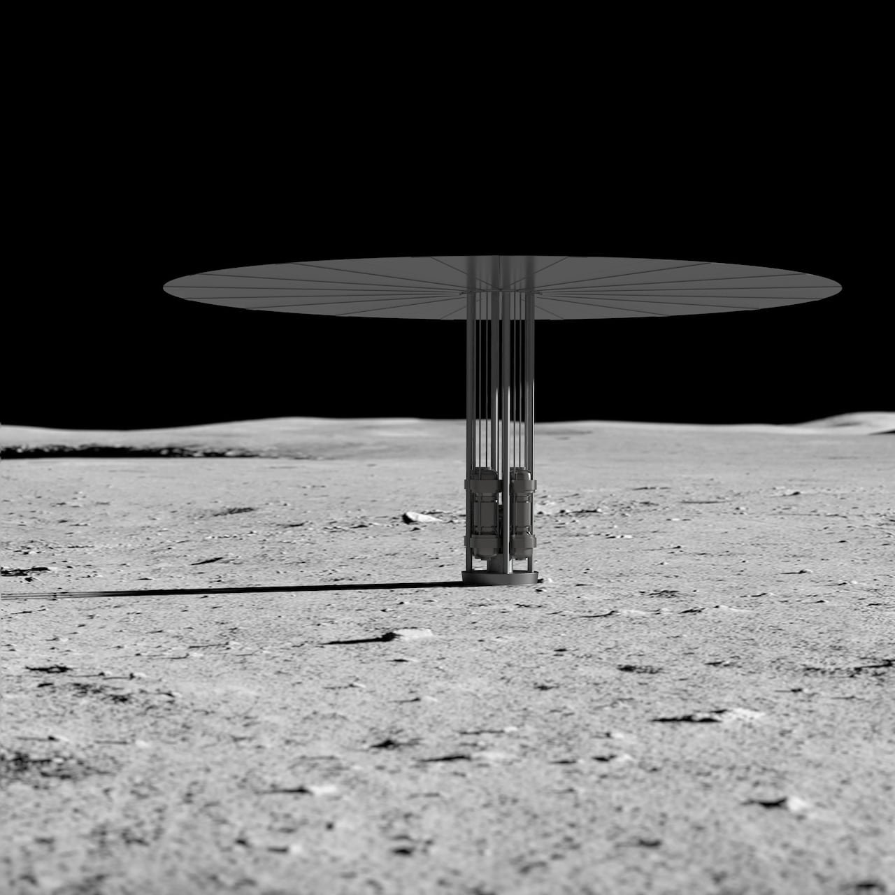 default-1064 An illustration of a metallic structure with an umbrella-like covering sits on the surface of the moon.