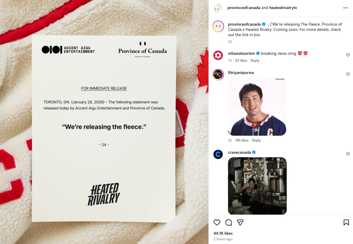 A screen grab of an instagram post shows a white fleece, and a press release over top that says 'we're releasing the fleece'.